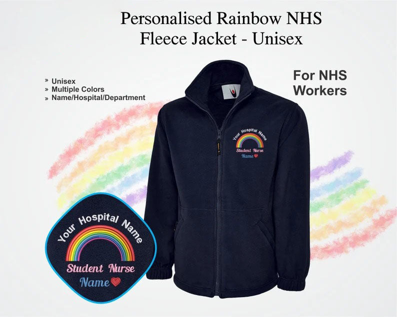 Custom Embroidered NHS Department Name Jacket, Rainbow Healthcare Logo Zip up Fleece Jacket, Hospital Students Uniform, NHS Staff Jackets