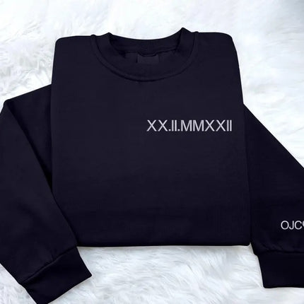 Embroidered Matching Roman Numeral Sweatshirt, Custom Initials With Heart Sleeve Jumper, Girlfriend Gift Custom Anniversary Date Couple Tops