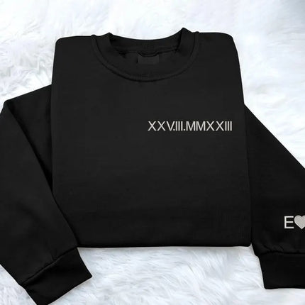 Embroidered Matching Roman Numeral Sweatshirt, Custom Initials With Heart Sleeve Jumper, Girlfriend Gift Custom Anniversary Date Couple Tops