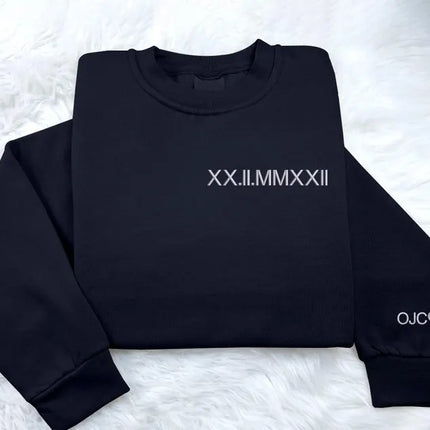 Embroidered Matching Roman Numeral Sweatshirt, Custom Initials With Heart Sleeve Jumper, Girlfriend Gift Custom Anniversary Date Couple Tops
