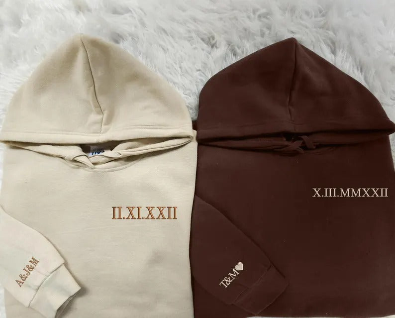 Personalised Roman Numeral Date Hoodie, Embroidered Couples Matching Hoodies, Custom Anniversary His & Hers Jumpers, Soulmate Wedding Gifts.