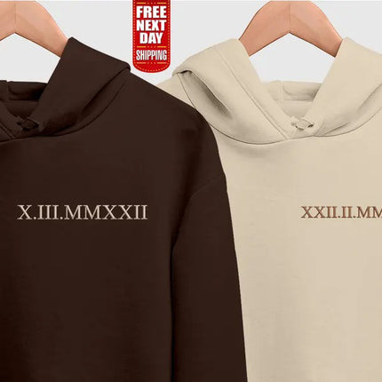 Personalised Roman Numeral Date Hoodie, Embroidered Couples Matching Hoodies, Custom Anniversary His & Hers Jumpers, Soulmate Wedding Gifts.