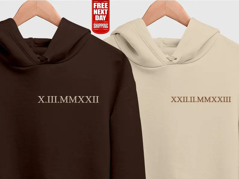 Personalised Roman Numeral Date Hoodie, Embroidered Couples Matching Hoodies, Custom Anniversary His & Hers Jumpers, Soulmate Wedding Gifts.