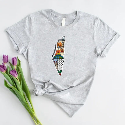 Palestine Map Printed T-Shirt, Al Aqsa Mosque Design Shirt, Palestinians Muslims Comfy Adults Top, Palestine Crewneck Tees