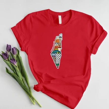 Palestine Map Printed T-Shirt, Al Aqsa Mosque Design Shirt, Palestinians Muslims Comfy Adults Top, Palestine Crewneck Tees