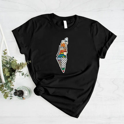 Palestine Map Printed T-Shirt, Al Aqsa Mosque Design Shirt, Palestinians Muslims Comfy Adults Top, Palestine Crewneck Tees