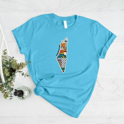 Palestine Map Printed T-Shirt, Al Aqsa Mosque Design Shirt, Palestinians Muslims Comfy Adults Top, Palestine Crewneck Tees