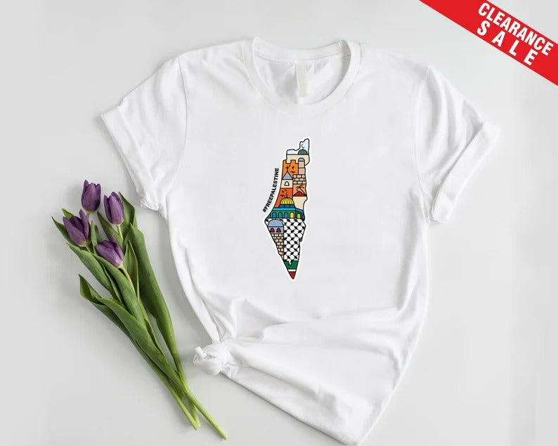 Palestine Map Printed T-Shirt, Al Aqsa Mosque Design Shirt, Palestinians Muslims Comfy Adults Top, Palestine Crewneck Tees