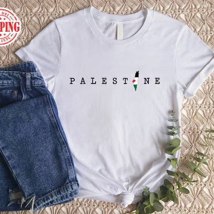 Palestine Name Printed T-Shirt, Palestine Flag Map Crewneck Shirt, Palestinians Matching Top, Muslim Solidarity Outfits