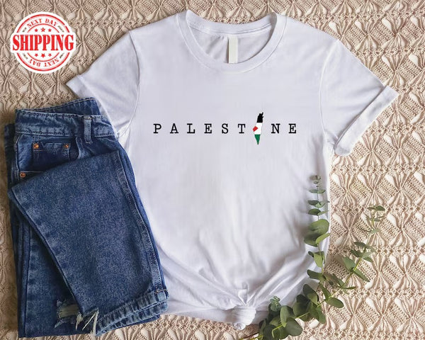 Palestine Name Printed T-Shirt, Palestine Flag Map Crewneck Shirt, Palestinians Matching Top, Muslim Solidarity Outfits