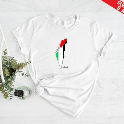 Palestine Flag Printed Shirt, Palestine Arabic Calligraphy Shirt, Muslims Solidarity Crewneck Tees, Comfy Palestinians Tops