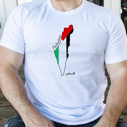 Palestine Flag Printed Shirt, Palestine Arabic Calligraphy Shirt, Muslims Solidarity Crewneck Tees, Comfy Palestinians Tops