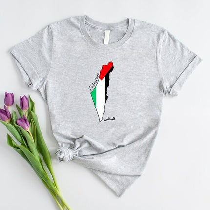 Palestine Flag Printed Shirt, Palestine Arabic Calligraphy Shirt, Muslims Solidarity Crewneck Tees, Comfy Palestinians Tops