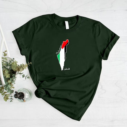 Palestine Flag Printed Shirt, Palestine Arabic Calligraphy Shirt, Muslims Solidarity Crewneck Tees, Comfy Palestinians Tops