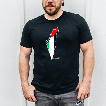 Palestine Flag Printed Shirt, Palestine Arabic Calligraphy Shirt, Muslims Solidarity Crewneck Tees, Comfy Palestinians Tops