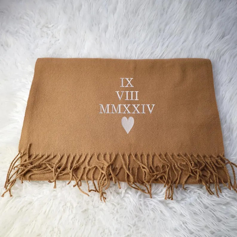 Personalised Roman Numeral Scarf, Embroidered Special Wedding Date Scarf, Custom Comfy Woven Long Winter Scarves, Anniversary Gift for Wife