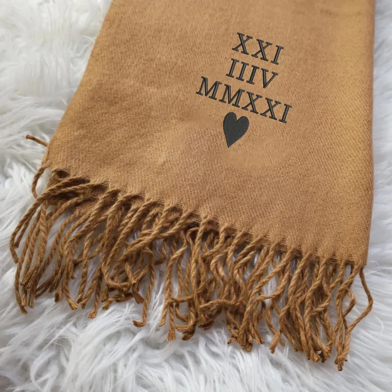 Personalised Roman Numeral Scarf, Embroidered Special Wedding Date Scarf, Custom Comfy Woven Long Winter Scarves, Anniversary Gift for Wife