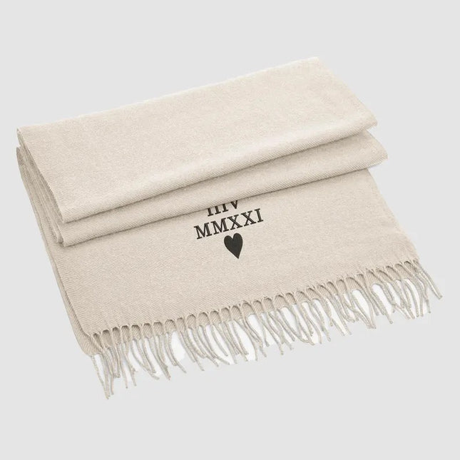 Personalised Roman Numeral Scarf, Embroidered Special Wedding Date Scarf, Custom Comfy Woven Long Winter Scarves, Anniversary Gift for Wife