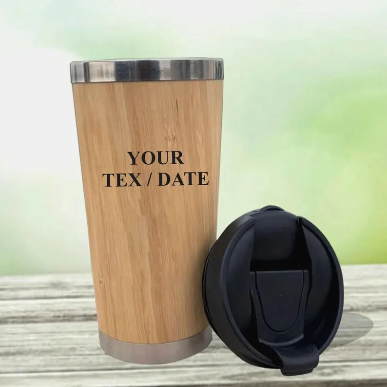 Custom Engraved Bamboo Coffee Mug, Personalised Name/Date Monogram Tumbler, 17oz Bamboo Insulated Tumbler, Best Birthday Gift for Boyfriend