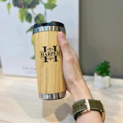 Custom Engraved Bamboo Coffee Mug, Personalised Name/Date Monogram Tumbler
