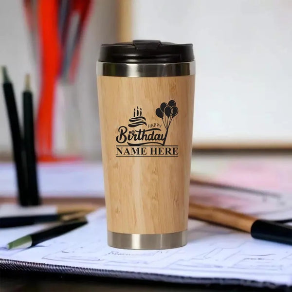 Custom Engraved Bamboo Coffee Mug, Personalised Name/Date Monogram Tumbler, 17oz Bamboo Insulated Tumbler, Best Birthday Gift for Boyfriend