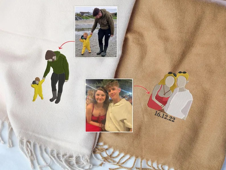 Personalised Photo Embroidered Scarf, Custom Faceless Sketch Portrait Scarves, Family/Couple Matching Winter Scarves, Special Gift for Wifey