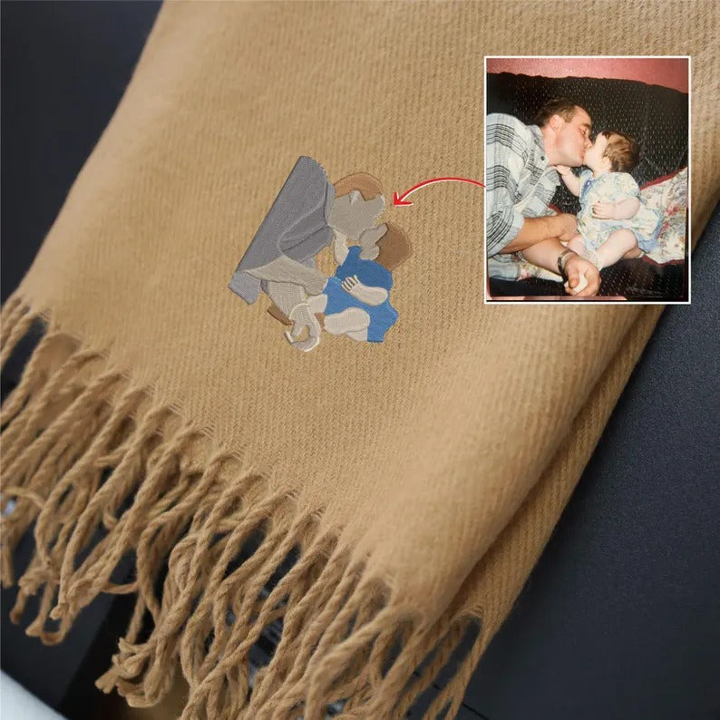 Personalised Photo Embroidered Scarf, Custom Faceless Sketch Portrait Scarves, Family/Couple Matching Winter Scarves, Special Gift for Wifey