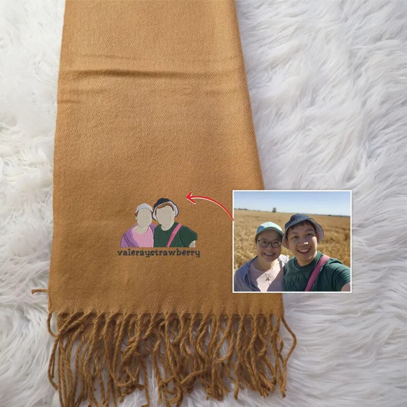 Personalised Photo Embroidered Scarf, Custom Faceless Sketch Portrait Scarves, Family/Couple Matching Winter Scarves, Special Gift for Wifey