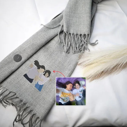 Personalised Photo Embroidered Scarf, Custom Faceless Sketch Portrait Scarves, Family/Couple Matching Winter Scarves, Special Gift for Wifey