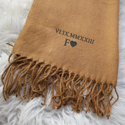 Embroidered Roman Numeral Date Scarf, Personalised Name Initials Winter Scarf