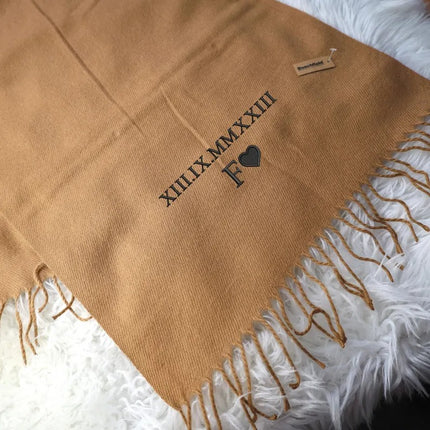 Embroidered Roman Numeral Date Scarf, Personalised Name Initials Winter Scarf