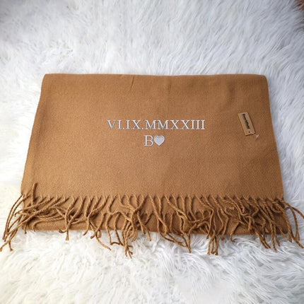 Embroidered Roman Numeral Date Scarf, Personalised Name Initials Winter Scarf