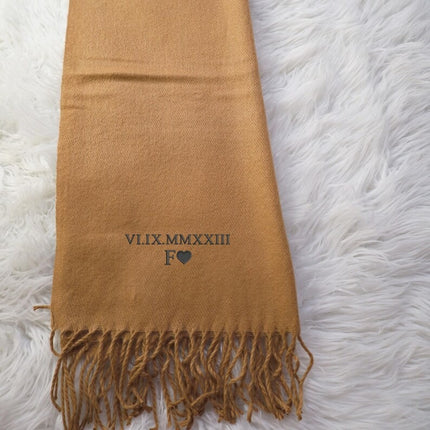 Embroidered Roman Numeral Date Scarf, Personalised Name Initials Winter Scarf
