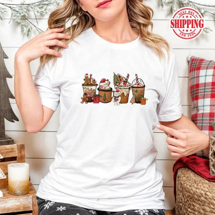Gingerbread Coffee Cups Xmas Shirts, Christmas Drinks Printed T-Shirt, Christmas Family Matching Tops, Xmas Holidays Gift for Coffee Lovers