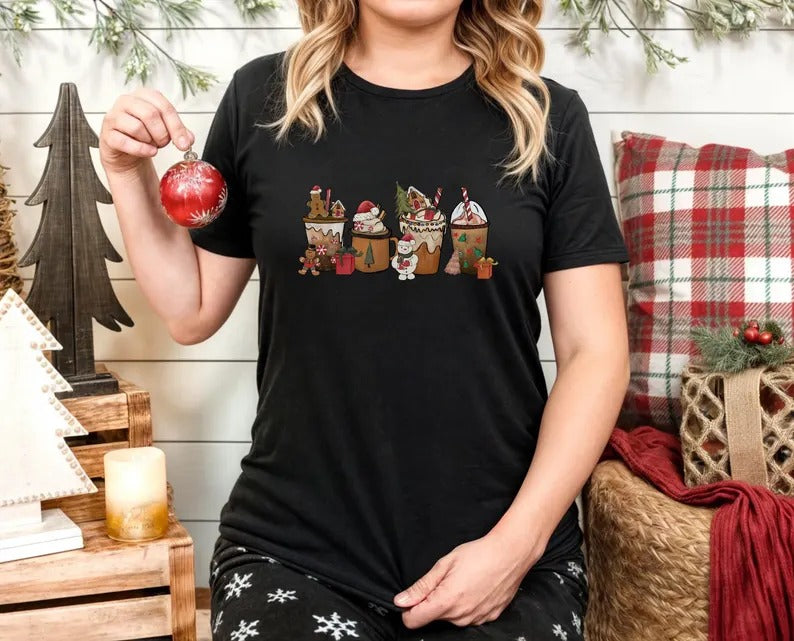 Gingerbread Coffee Cups Xmas Shirts, Christmas Drinks Printed T-Shirt, Christmas Family Matching Tops, Xmas Holidays Gift for Coffee Lovers