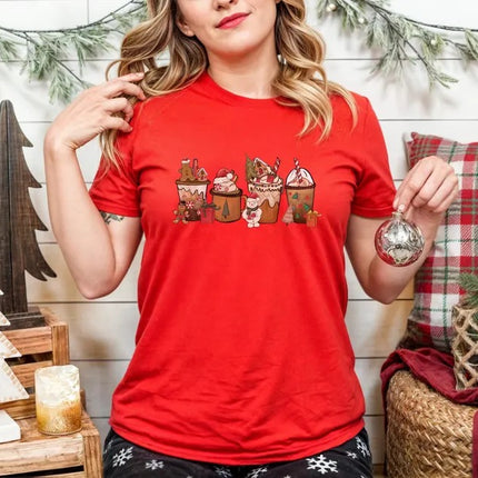 Gingerbread Coffee Cups Xmas Shirts, Christmas Drinks Printed T-Shirt, Christmas Family Matching Tops, Xmas Holidays Gift for Coffee Lovers
