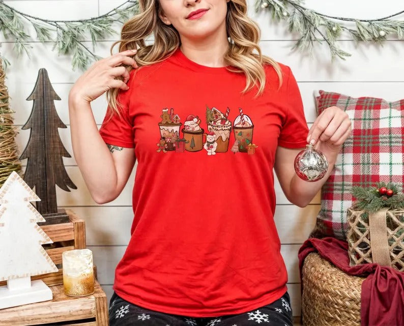 Gingerbread Coffee Cups Xmas Shirts, Christmas Drinks Printed T-Shirt, Christmas Family Matching Tops, Xmas Holidays Gift for Coffee Lovers