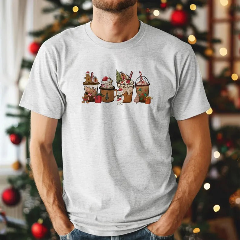 Gingerbread Coffee Cups Xmas Shirts, Christmas Drinks Printed T-Shirt, Christmas Family Matching Tops, Xmas Holidays Gift for Coffee Lovers