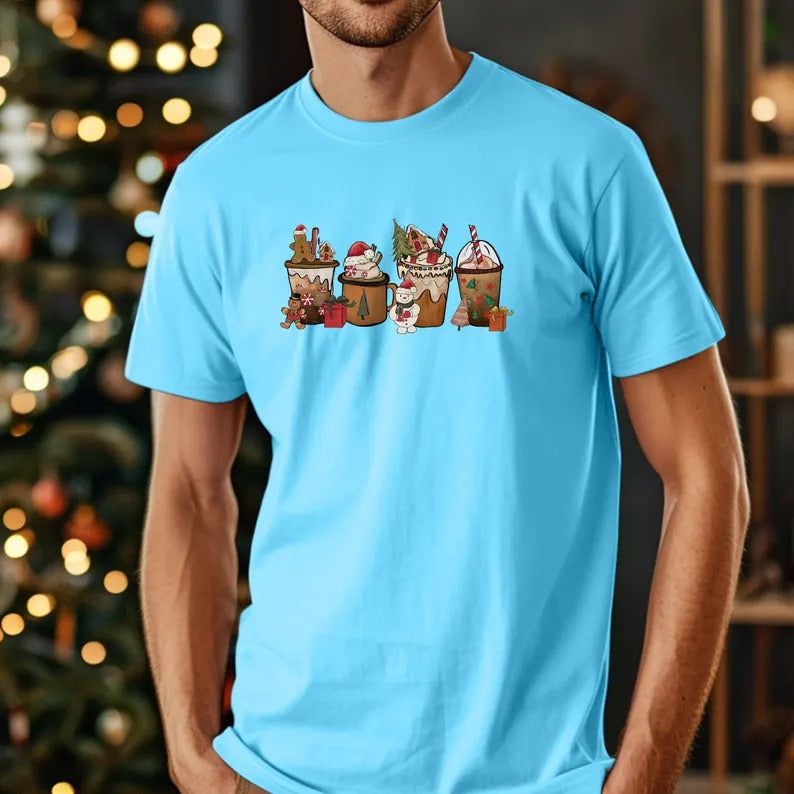 Gingerbread Coffee Cups Xmas Shirts, Christmas Drinks Printed T-Shirt, Christmas Family Matching Tops, Xmas Holidays Gift for Coffee Lovers