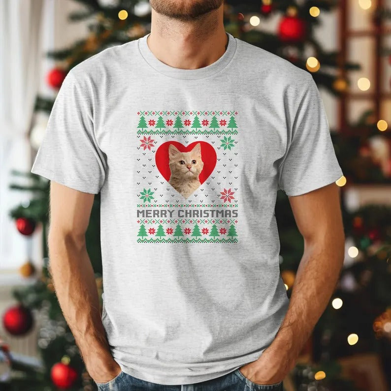 Custom Pet Photo Christmas Shirts, Merry Christmas Dog Face Printed T-Shirts, Xmas Holidays Ugly Crewneck Shirts, Christmas Pet Lovers Gifts