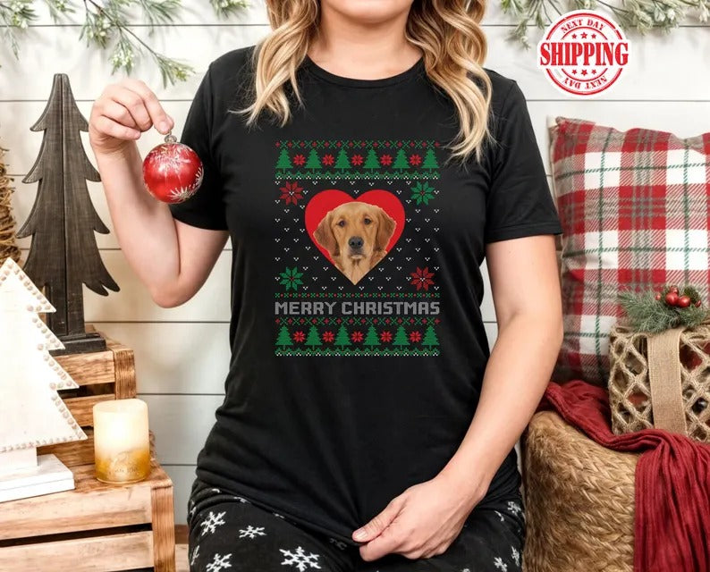 Custom Pet Photo Christmas Shirts, Merry Christmas Dog Face Printed T-Shirts, Xmas Holidays Ugly Crewneck Shirts, Christmas Pet Lovers Gifts