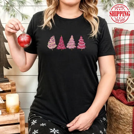 Christmas Pink Tree T-Shirt, Merry Christmas Printed Shirts, Xmas Trees Matching Shirts for Womens, Christmas Holidays Tops, Christmas Gifts