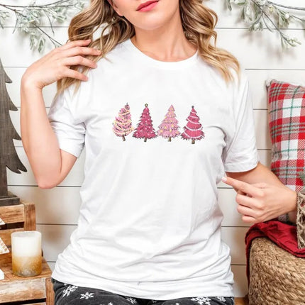 Christmas Pink Tree T-Shirt, Merry Christmas Printed Shirts, Xmas Trees Matching Shirts for Womens, Christmas Holidays Tops, Christmas Gifts