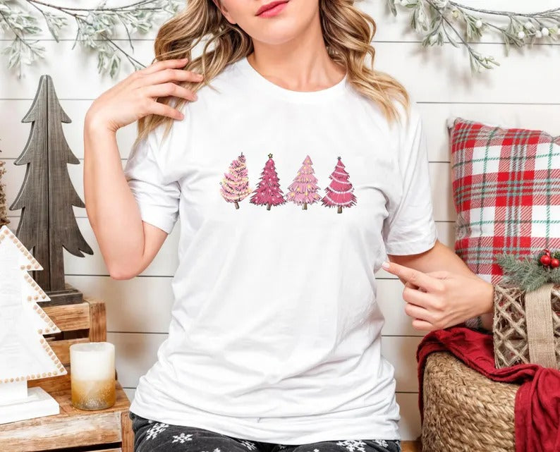 Christmas Pink Tree T-Shirt, Merry Christmas Printed Shirts, Xmas Trees Matching Shirts for Womens, Christmas Holidays Tops, Christmas Gifts