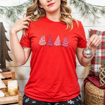 Christmas Pink Tree T-Shirt, Merry Christmas Printed Shirts, Xmas Trees Matching Shirts for Womens, Christmas Holidays Tops, Christmas Gifts