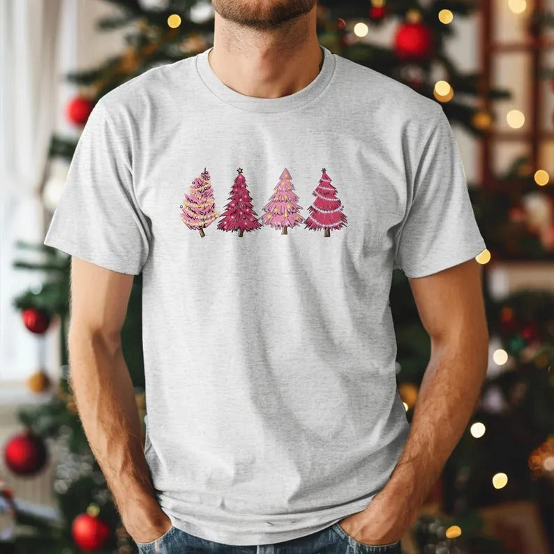 Christmas Pink Tree T-Shirt, Merry Christmas Printed Shirts, Xmas Trees Matching Shirts for Womens, Christmas Holidays Tops, Christmas Gifts