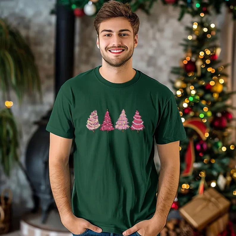 Christmas Pink Tree T-Shirt, Merry Christmas Printed Shirts, Xmas Trees Matching Shirts for Womens, Christmas Holidays Tops, Christmas Gifts