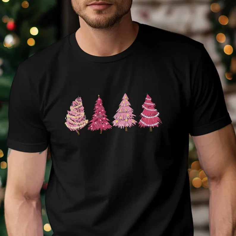 Christmas Pink Tree T-Shirt, Merry Christmas Printed Shirts, Xmas Trees Matching Shirts for Womens, Christmas Holidays Tops, Christmas Gifts