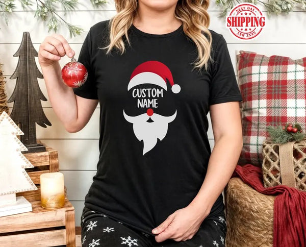 Custom Name Xmas Santa Face T-Shirts, Personalised Christmas Printed Shirt, Christmas Santa Face Family Matching Tops, Christmas Eve Tops