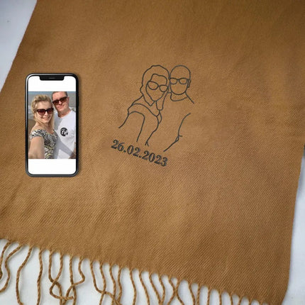 Custom Couple Photo Portrait Scarf, Personalised Line Art Embroidered Sketch Scarf, Comfy Winter Matching Scarves, Christmas Gift for Hubby